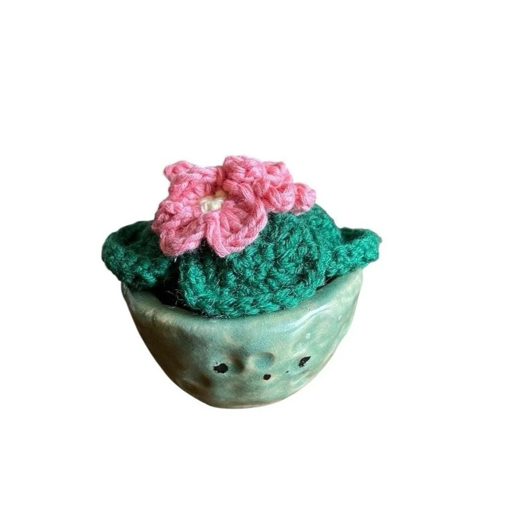 Crochet African Violet in Clay Vase Pink Flowers Handmade Crocheted Plant Decor